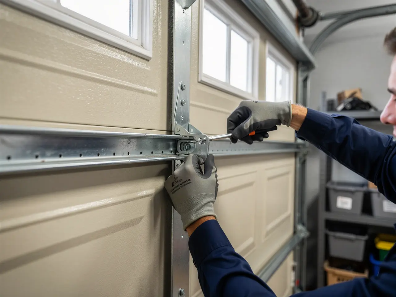 A technician in gloves adjusts a beige garage door with a screwdriver.